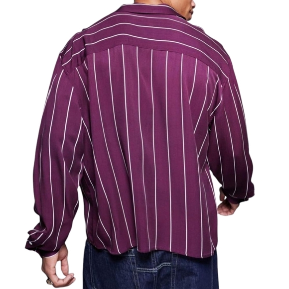 ASOS DESIGN Boxy Striped Shirt in Burgundy Red L - Picture 7 of 10